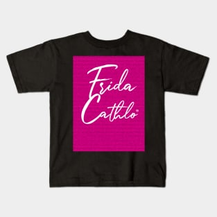 Mexican Pink Text W back Cat Frida Cathlo version of - Frida Kahlo Kids T-Shirt